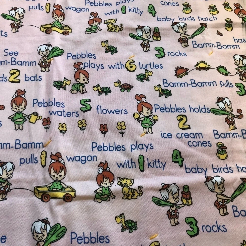 VTG Handmade Baby Crib Quilt Colorblock Patchwork M Pebbles Bam Bam Print 52X46”